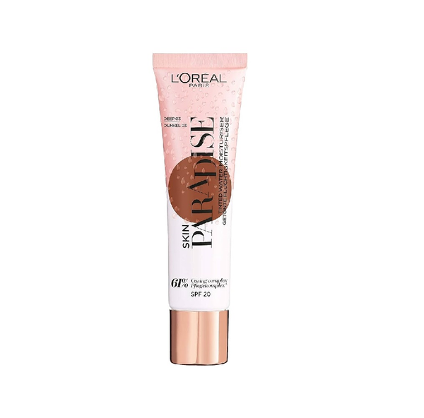 L'Oréal Paris Skin Paradise Tinted Moisturiser in shade 03 Deep displayed in its tube, featuring a lightweight tinted formula with a natural, radiant-looking finish.