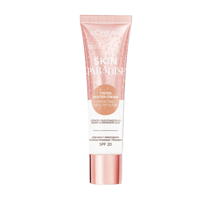 L'Oréal Paris Skin Paradise Tinted Moisturiser in shade 04 Medium displayed in its tube, featuring a lightweight tinted formula with a natural, radiant-looking finish.