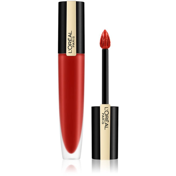 L'Oréal Rouge Signature Liquid Lipstick in shade 115 I Am Worth It displayed in its sleek tube, featuring a lightweight liquid lipstick with intense color and a soft matte finish.