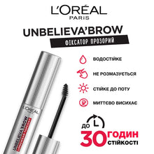 Close-up of L'Oréal Unbelieva Brow Longwear Topcoat in Universal Transparent showcasing the precision spoolie applicator and clear lightweight formula.