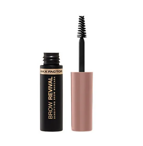 Close-up of Max Factor Brow Revival Densifying Brow Mascara in shade 001 Dark Blonde showcasing the precision spoolie applicator and tinted brow gel formula.