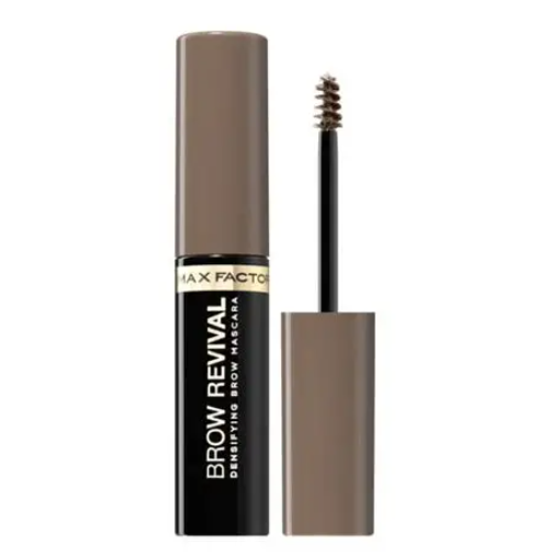 Max Factor Brow Revival Densifying Brow Mascara in 002 Soft Brown featuring a tinted brow gel with a precision spoolie brush for fuller-looking, defined brows.
