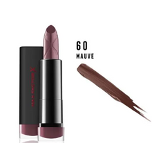 Max Factor Colour Elixir Lipstick in shade Velvet Mauve shown opened, highlighting the mauve lipstick bullet and elegant gold packaging.