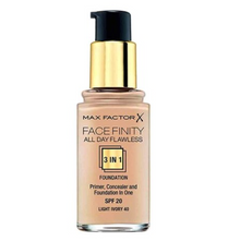 Max Factor Facefinity 3-in-1 All Day Flawless Foundation in shade C40 Light Ivory displayed in its bottle, featuring a liquid foundation designed to provide smooth, even-looking coverage.