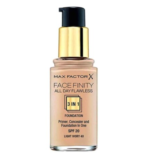 Max Factor Facefinity 3-in-1 All Day Flawless Foundation in shade C40 Light Ivory displayed in its bottle, featuring a liquid foundation designed to provide smooth, even-looking coverage.