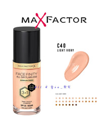 Max Factor Facefinity 3-in-1 All Day Flawless Foundation in shade C40 Light Ivory shown with the bottle open, highlighting the smooth liquid foundation formula.