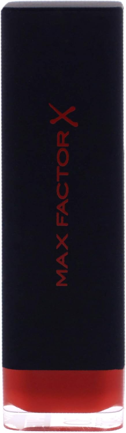 Max Factor Velvet Mattes Lipstick displayed in its lipstick bullet, featuring a richly pigmented lipstick with a soft velvet matte finish.