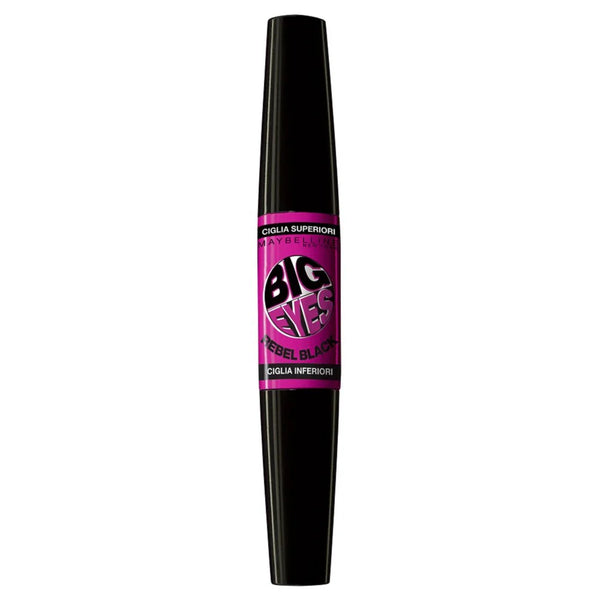 Maybelline Big Eyes Mascara in shade Rebel Black displayed in its tube, featuring a dual-ended mascara designed to define upper and lower lashes.