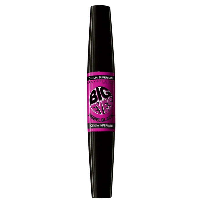 Maybelline Big Eyes Mascara in shade Rebel Black displayed in its tube, featuring a dual-ended mascara designed to define upper and lower lashes.