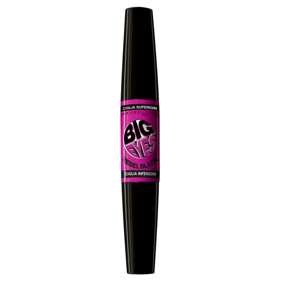 Maybelline Big Eyes Mascara in shade Rebel Black displayed in its tube, featuring a dual-ended mascara designed to define upper and lower lashes.
