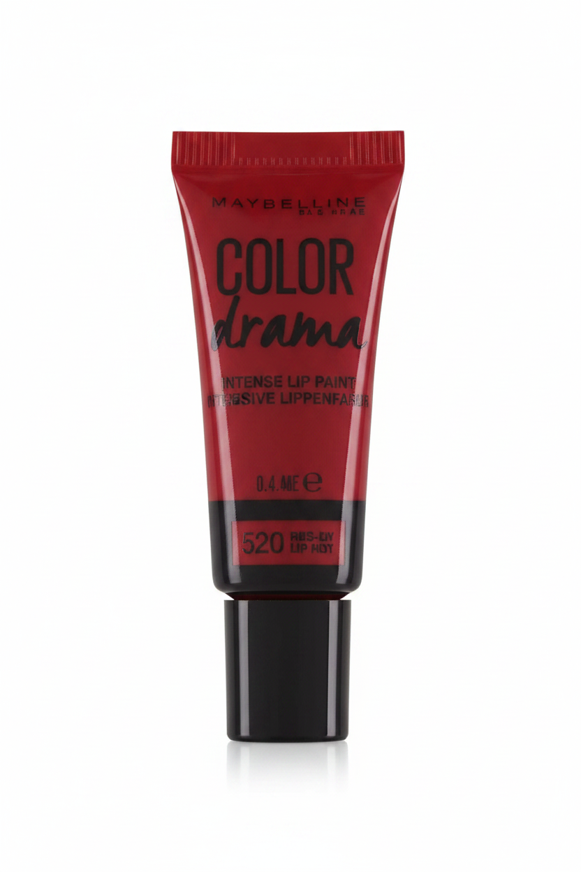 Maybelline Color Drama Intense Lip Paint in shade 520 Red-dy Or Not displayed in its squeeze tube, featuring a creamy lip color with bold pigmentation and a smooth finish.