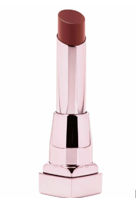 Maybelline Color Sensational Shine Lipstick in shade 130 Spicy Sangria displayed in its lipstick bullet, featuring a creamy formula with a radiant, glossy shine finish.