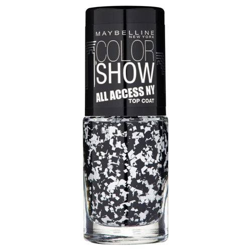 Maybelline Color Show All Access NY Top Coat in shade 422 Pave The Way displayed in its bottle, featuring a glitter top coat for adding a sparkling finish to nail polish.