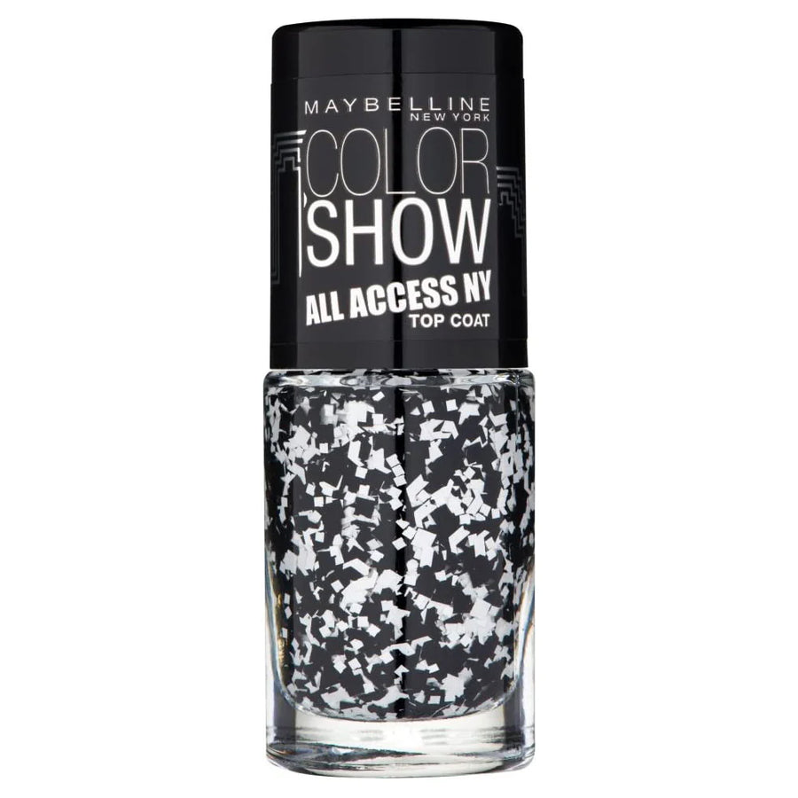 Maybelline Color Show All Access NY Top Coat in shade 422 Pave The Way displayed in its bottle, featuring a glitter top coat for adding a sparkling finish to nail polish.