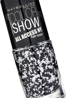 Swatch of Maybelline Color Show All Access NY Top Coat in shade 422 Pave The Way showcasing its sparkling glitter particles and glossy top coat finish.