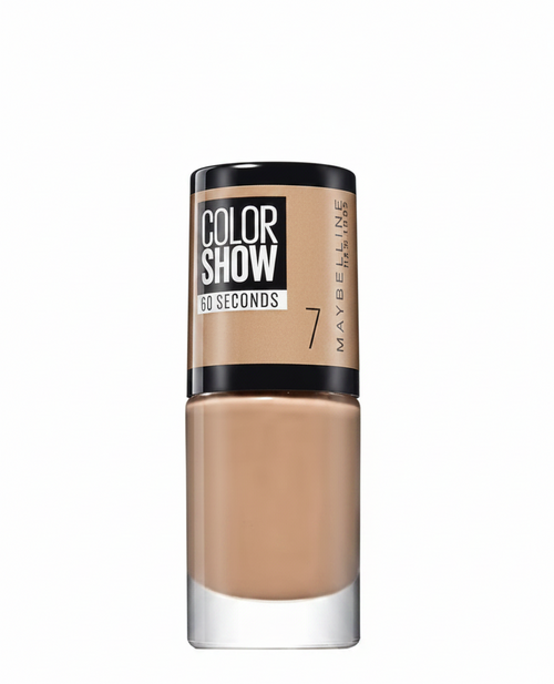 Maybelline Color Show Nail Polish in shade 7 Nude Suede with a smooth formula and a glossy, long-lasting finish.