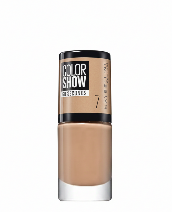 Maybelline Color Show Nail Polish in shade 7 Nude Suede with a smooth formula and a glossy, long-lasting finish.