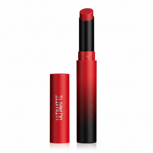 Maybelline Color Show Ultimatte Lipstick in shade 199 More Ruby displayed in its lipstick bullet, featuring a lightweight formula with a smooth ultra-matte finish.