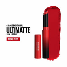 Open Maybelline Color Show Ultimatte Lipstick in 199 More Ruby highlighting the vibrant ruby red shade, slim lipstick bullet, and modern packaging design.
