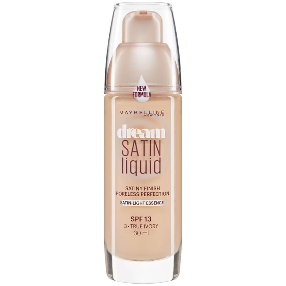 Maybelline Dream Satin Liquid Foundation in shade 003 True Ivory displayed in its bottle, featuring a lightweight liquid foundation with a smooth, satin finish.
