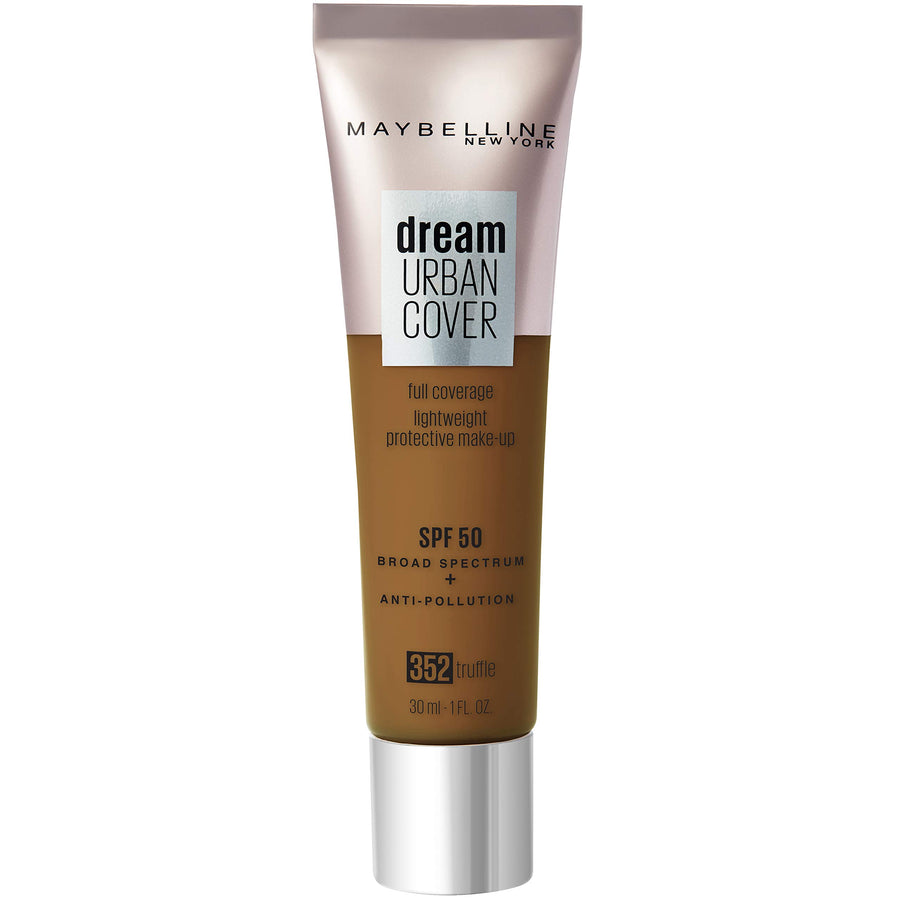 Maybelline Dream Urban Cover Foundation in shade 352 Truffle displayed in its tube, featuring a lightweight liquid foundation with natural-looking coverage.