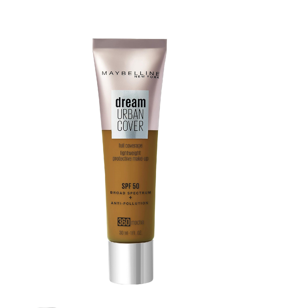 Maybelline Dream Urban Cover Foundation in shade 360 Mocha displayed in its bottle, featuring a lightweight liquid foundation with natural-looking coverage.