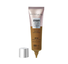 Maybelline Dream Urban Cover Foundation in shade 360 Mocha shown with the cap removed, highlighting the liquid foundation and easy-to-use bottle design.
