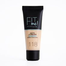 Maybelline Fit Me Matte + Poreless Foundation 118 Light Beige 30ml with a lightweight matte finish for normal to oily skin.