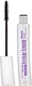 Maybelline Illegal Length Waterproof Mascara in Black highlighting its waterproof fiber-extension formula and precision brush for visibly longer, clump-free lashes.