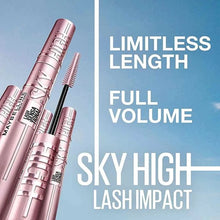 Maybelline Lash Sensational Sky High Mascara applied to the lashes, highlighting longer-looking, defined lashes with bold black color.