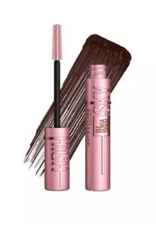 Maybelline Lash Sensational Sky High Mascara shown with its flexible mascara wand, highlighting the precision brush for coating lashes from root to tip.