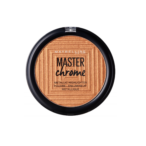 Maybelline Master Chrome Highlighting Powder in shade 150 Molten Bronze with an ultra-reflective powder formula and intense metallic glow.