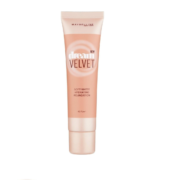Maybelline New York Dream Velvet Soft-Matte Foundation in 40 Fawn featuring a lightweight gel-whipped formula in a squeeze tube with a soft matte finish.