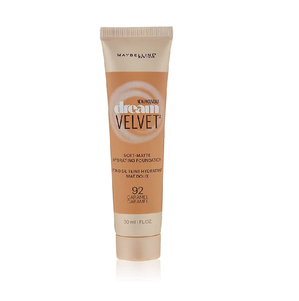 Maybelline New York Dream Velvet Soft Matte Foundation in 92 Caramel featuring a lightweight gel-whipped formula in a squeeze tube with a smooth soft matte finish.