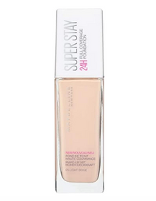 Maybelline New York Long-Lasting Super Stay 24H Foundation in 05 Light Beige featuring a liquid foundation in a glass bottle with a pump for smooth, buildable coverage.