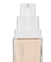 Close-up of Maybelline New York Long-Lasting Super Stay 24H Foundation in shade 05 Light Beige showcasing the pump dispenser and creamy liquid foundation texture.