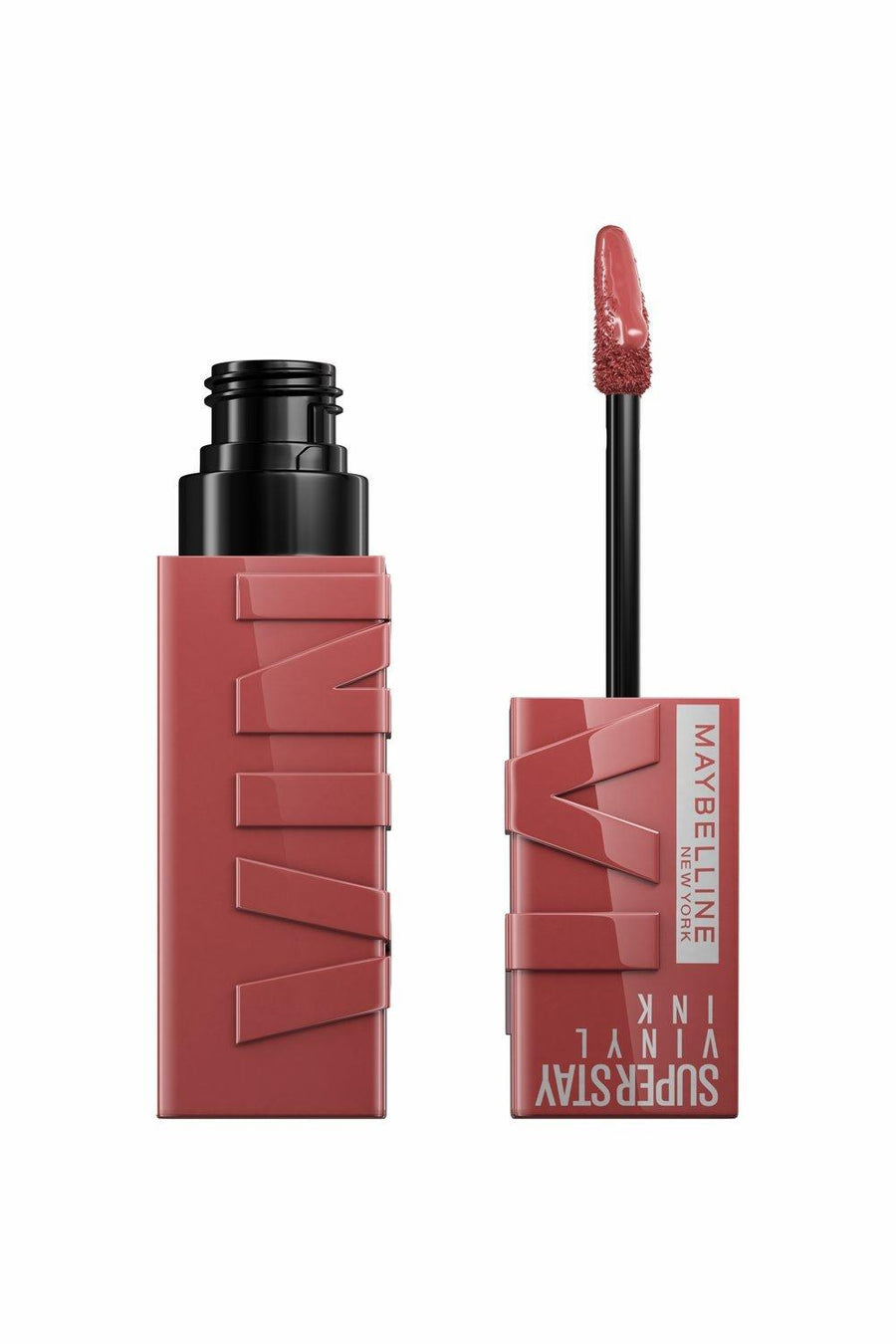 Maybelline New York SuperStay Vinyl Ink Long-lasting Liquid Lipstick in shade 115 Peppy displayed in its sleek tube, featuring a liquid lipstick with a glossy vinyl finish.