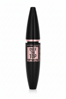 Close-up of Maybelline Over The Top Volume Express Mascara in shade Black showcasing the oversized mascara wand designed to coat, separate, and volumize lashes.