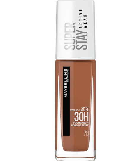 Maybelline SuperStay 24H Foundation in 70 Cocoa featuring a full-coverage liquid formula in a glass bottle with a pump dispenser for smooth, even application.