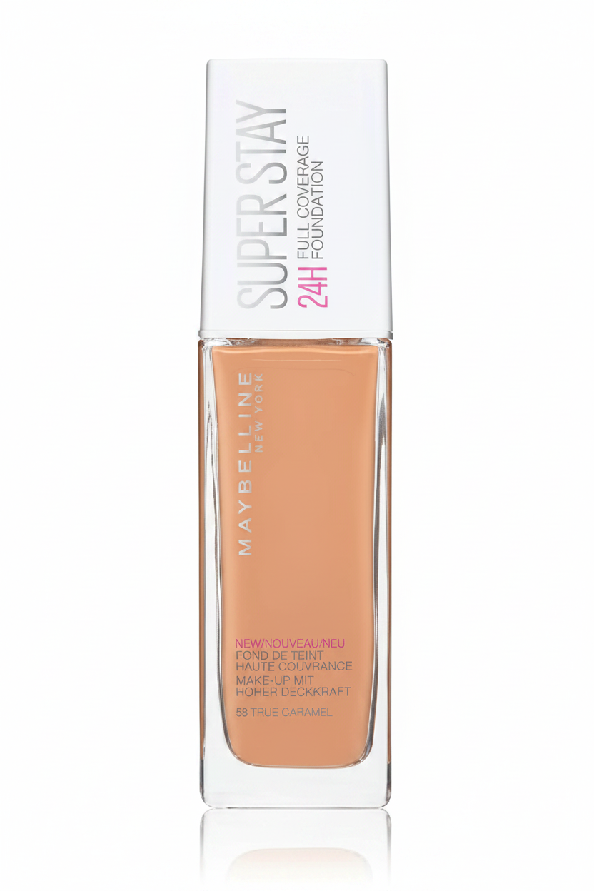 Maybelline SuperStay 24H Full Coverage Foundation in shade 58 True Caramel displayed in its bottle, featuring a liquid foundation with full coverage and a natural-looking finish.