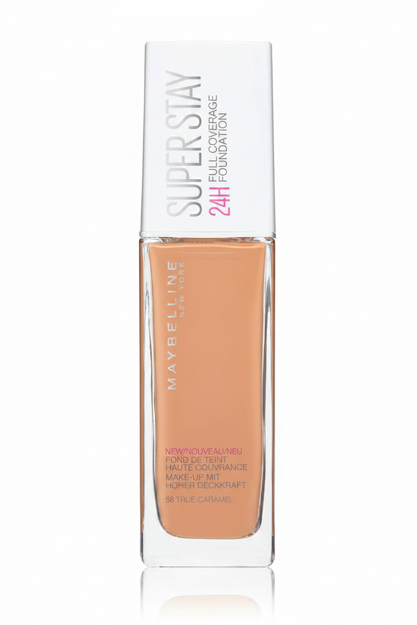 Maybelline SuperStay 24H Full Coverage Foundation in shade 58 True Caramel displayed in its bottle, featuring a liquid foundation with full coverage and a natural-looking finish.