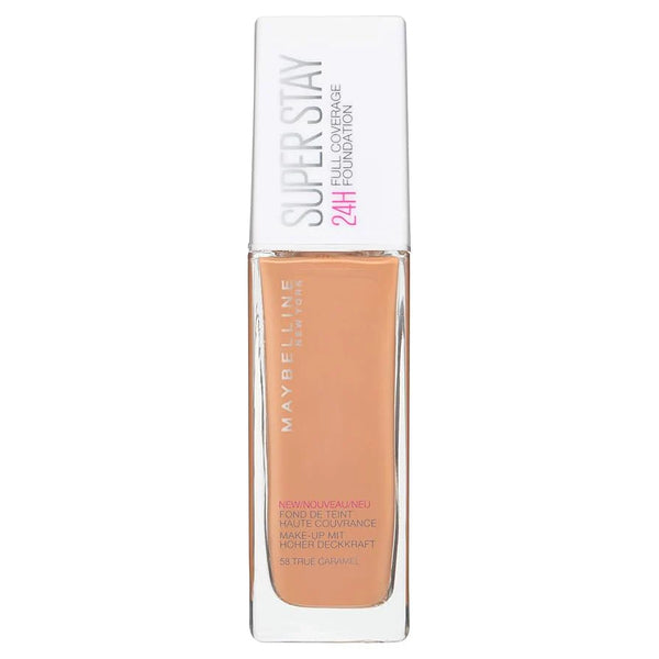 Maybelline Superstay 24H Liquid Foundation in 58 True Caramel featuring a full-coverage liquid formula in a pump bottle with a smooth, natural-looking finish.