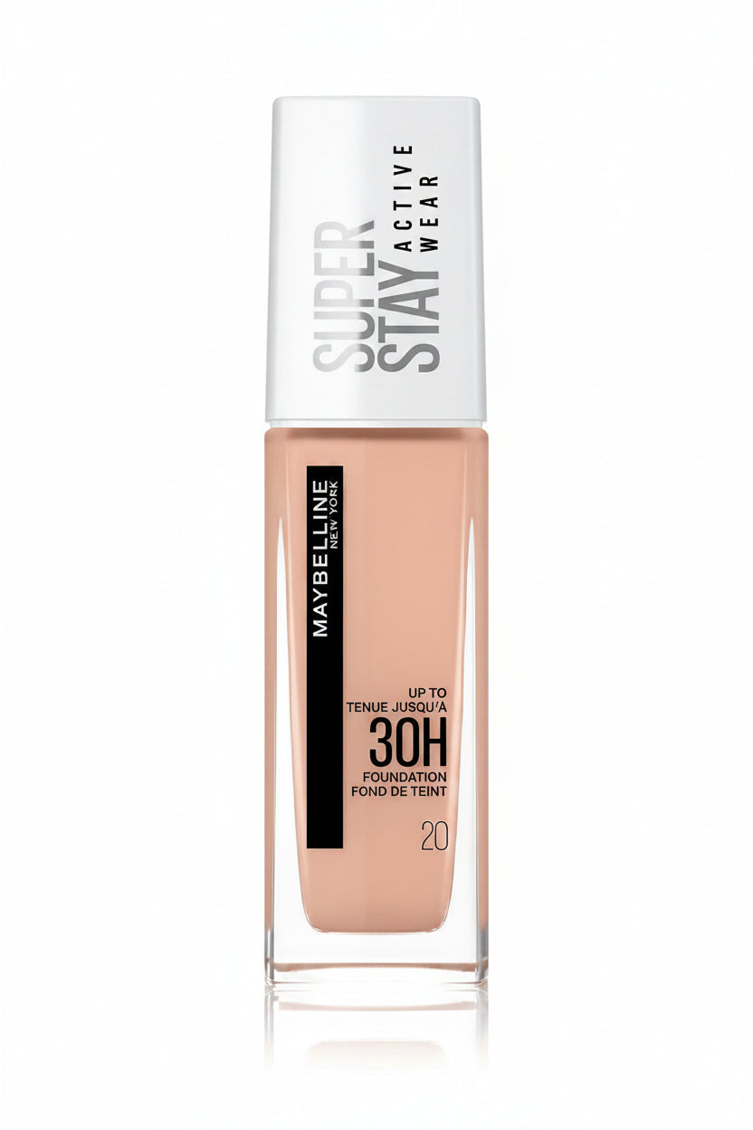 Maybelline Superstay 30HR Foundation in Cameo 20 with a full-coverage matte finish.