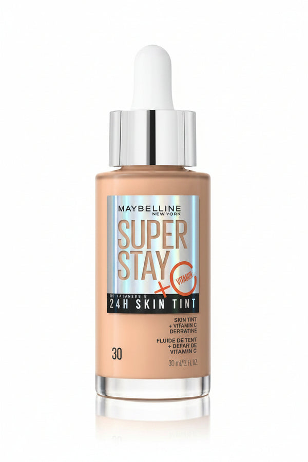 Maybelline SuperStay Glow Tint in shade 30 NU displayed in its bottle, featuring a lightweight skin tint designed to provide a fresh, radiant-looking finish.