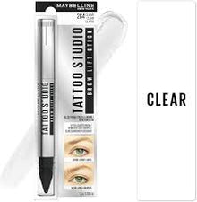 Maybelline Tattoo Brow Lift in 00 Clear highlighting its clear gel texture for smooth brow application and neatly groomed, lifted-looking brows.