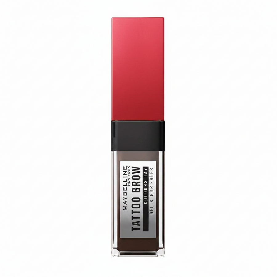 Maybelline Tattoo Brow Styling Gel in 260 Deep Brown featuring a tinted brow gel with a precision spoolie for shaping, grooming, and defining brows.