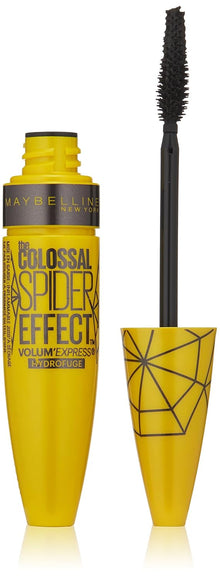 Close-up of Maybelline The Colossal Spider Effect Volum' Express Mascara in Black showcasing the oversized mascara wand and richly pigmented black formula.