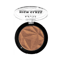 NYX High Glass Illuminating Powder Highlighter in 03 Golden Hour providing buildable shimmer and a natural-looking glow.