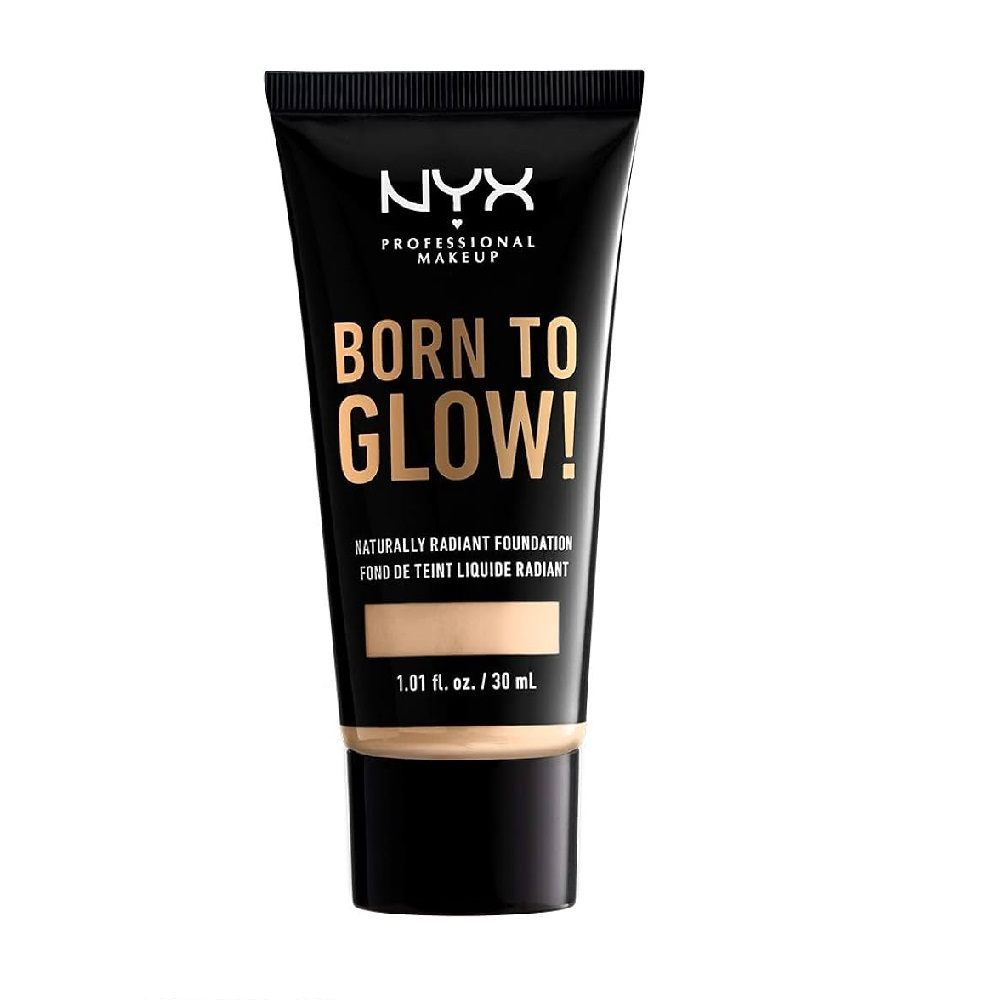 NYX Professional Makeup Born To Glow Naturally Radiant Foundation in 01 Pale featuring a lightweight liquid formula with a naturally radiant finish in a squeeze bottle.