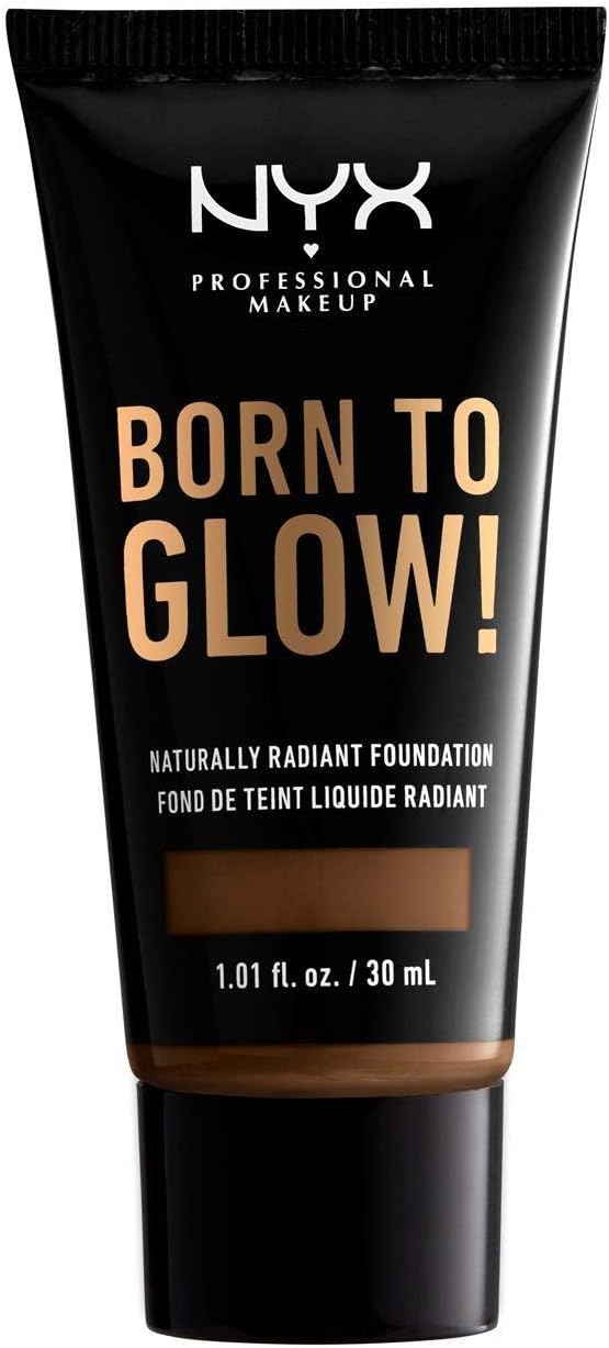 NYX Professional Makeup Born To Glow Naturally Radiant Foundation in shade 21 Cocoa displayed in its tube, featuring a lightweight liquid foundation with a naturally radiant finish.